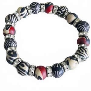 Zebra Print Ethnic Polymer Clay Beaded Stretch Bracelet